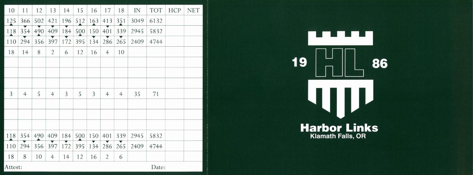 Scorecard Harbor Links Golf Course