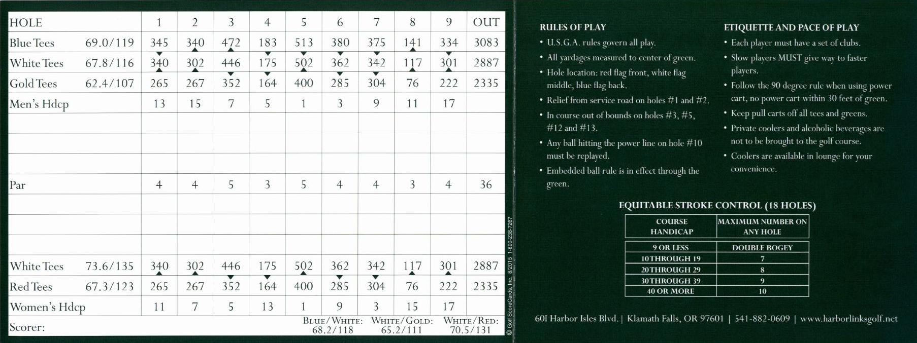 Scorecard Harbor Links Golf Course